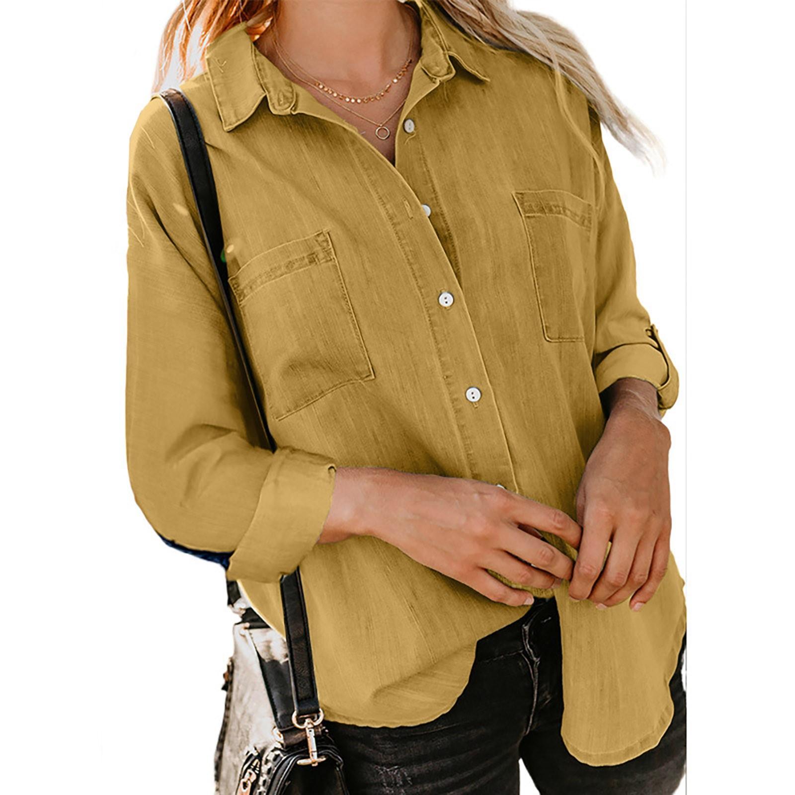 

Женская осенняя однотонная свободная рубашка с длинным рукавом и пуговицами, повседневная рубашка большого размера S имбирный
