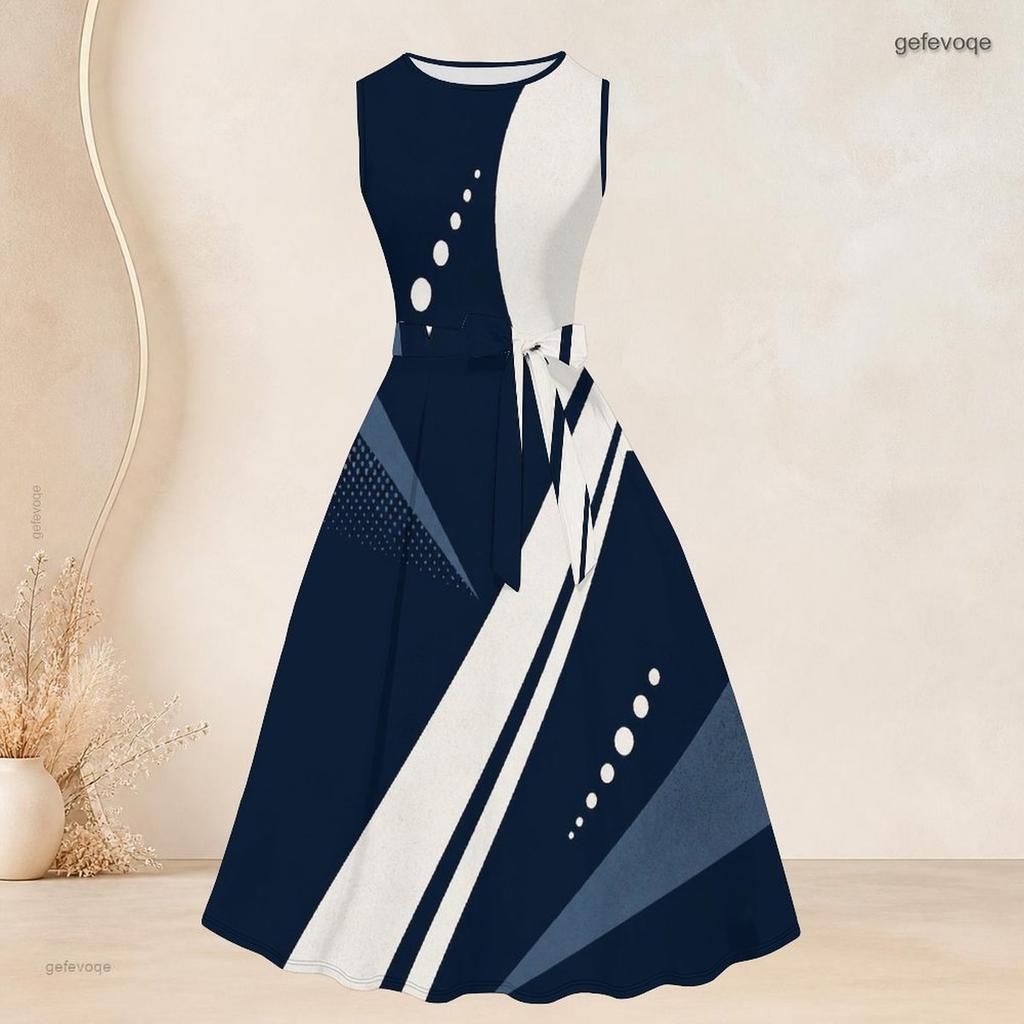 Women Plus Size Geometric Printed Two Piece Set Round Neck Sleeveless Tie Waist Flared Dress 3 4 Sleeve Open Cardigan