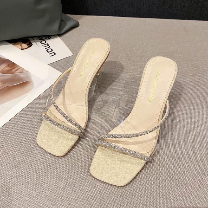 Fashion Crystal Band High Heels Slippers Women Transparent Sandals Ladies Sexy Glitter Feast Party Shoes Strange Heeled Slippers Women
