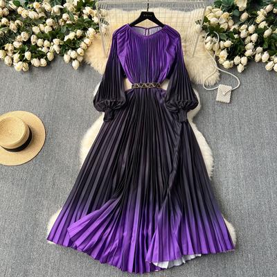 Women's Sweet Elegant High Waist Slim Temperament Gradient Color Pleated Dress Vestidos Korean Fashion Summer