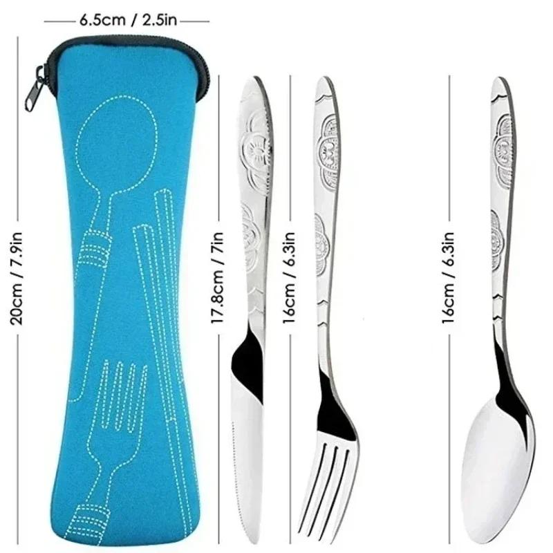3Pcs Stainless Steel Western Style Steak Knife Fork Spoon Tableware Portable Outdoor Travel Bag Tableware Set Creative Gifts