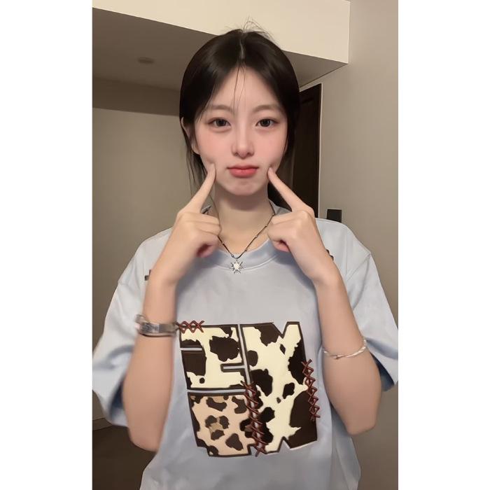 

Women s American Embroidery Cotton Short-Sleeve T-Shirt - Niche National Tide Brand, Loose Fit, Versatile Summer Design Medium светло-синий