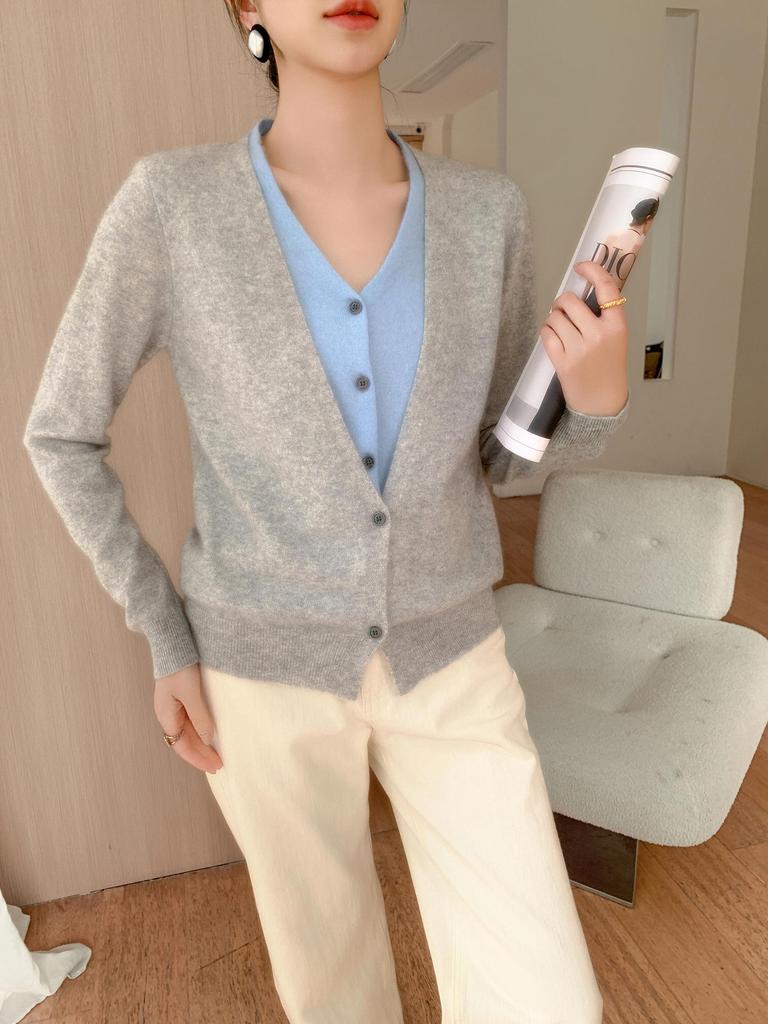 2025 V-neck Button-up Cashmere Knit Cardigan - Korean Style, Loose Fit, Slimming, Fake Two-piece Jacket for Women