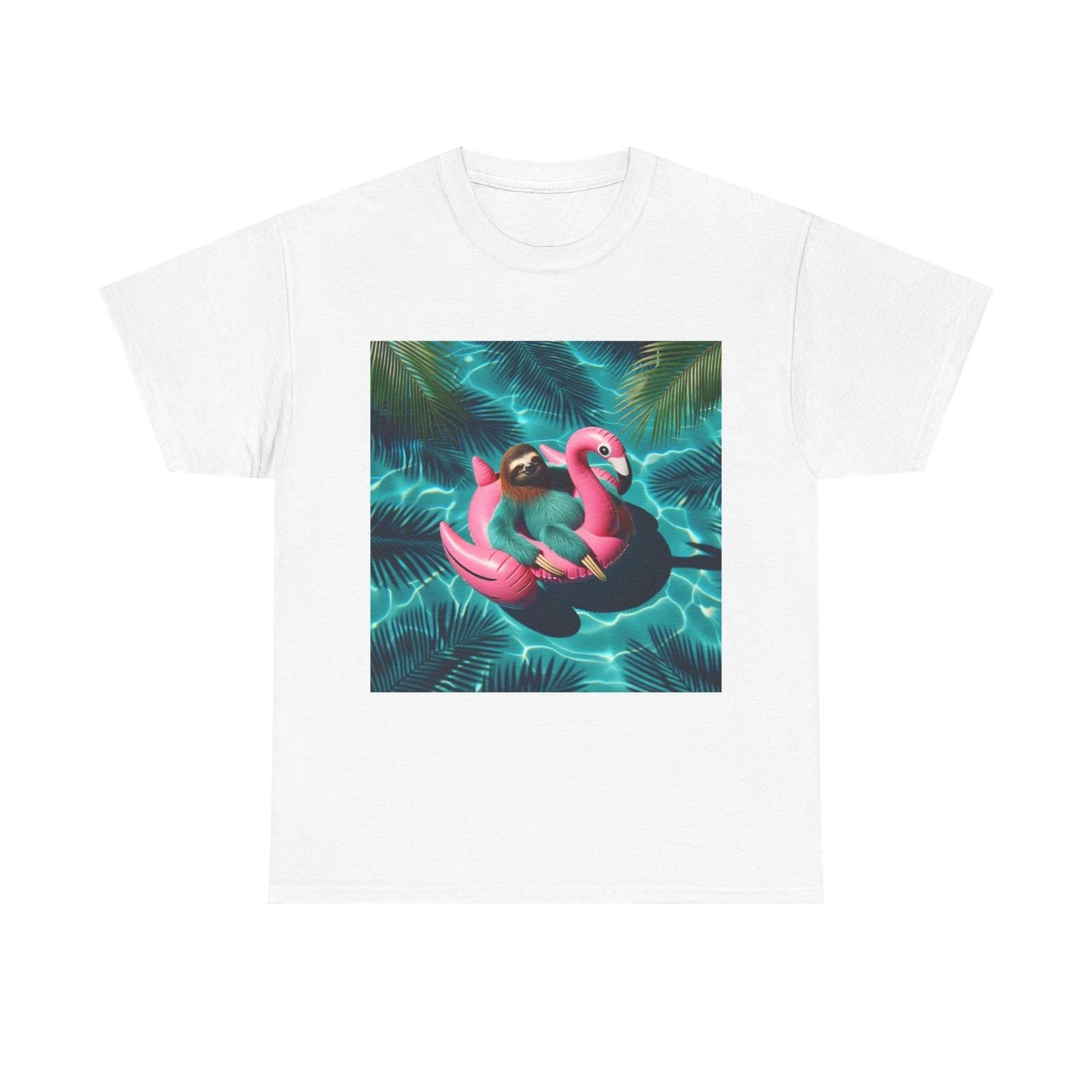 Unisex Adult T Shirt Sunbathing Sloth on Flamingo Float 2XL