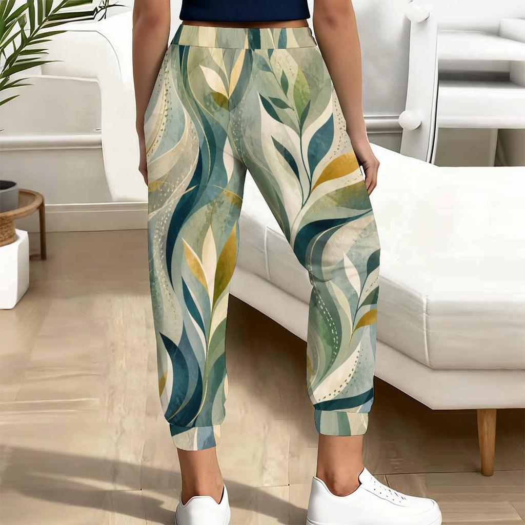 Women Plus Size Leaf Printed Jogger Pants Drawstring Waist Side Pockets Cuffed Ankle Casual Pants