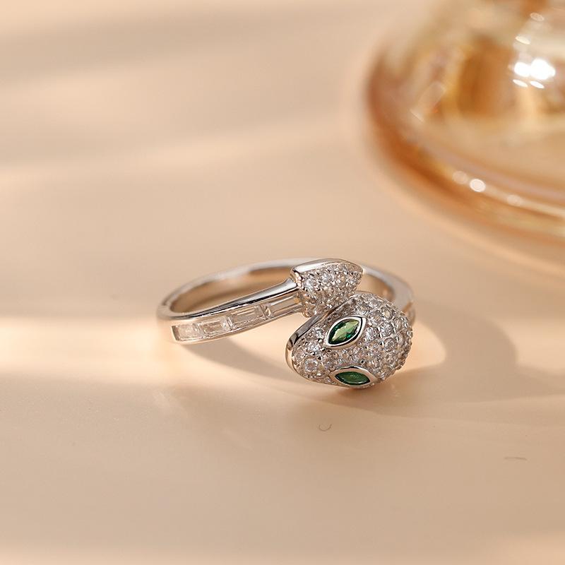 Snake Copper Fashionable Ring For Women Adjustable Size Intricate Rhinestone Embellishments Green Eyes