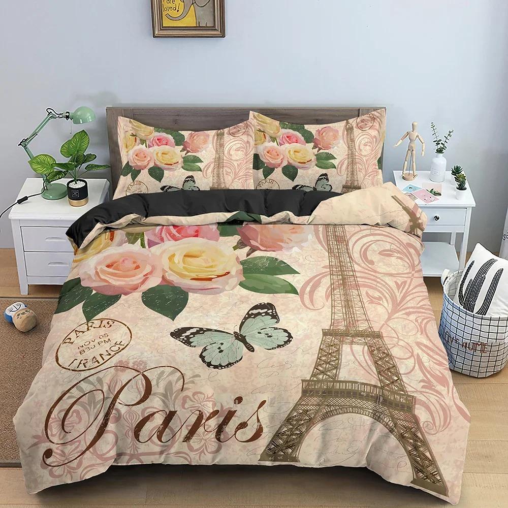 Eiffel Tower Bedding Set Romantic Style Duvet Cover Set With Pillowcase King Queen Size Comforter Cover for Valentine's Day