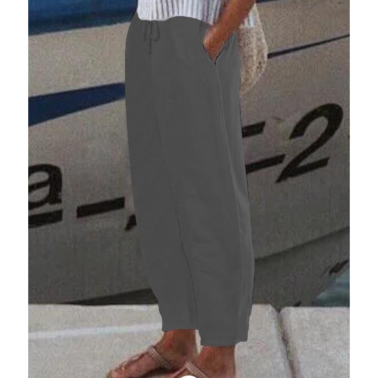 Women's Elastic Waist Linen Pants Loose Fit Casual Trousers Solid Color Pocket Harem Pants