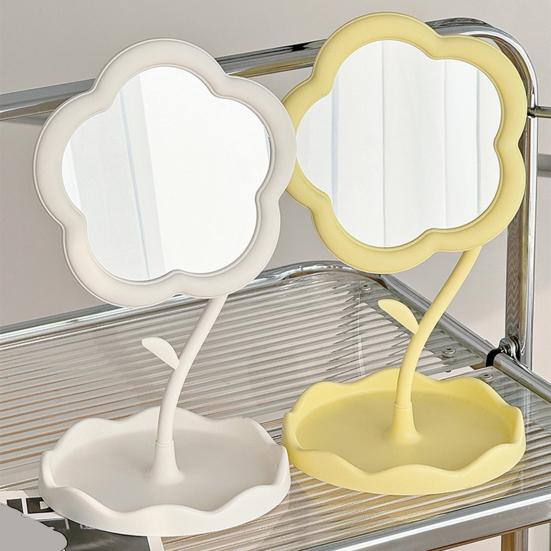 Flower Desk Makeup Mirror with Storage Tray 360 Degrees Rotation Desktop Vanity Mirror Multi-purpose Women Cosmetic Table Mirror Jewelry Organizer