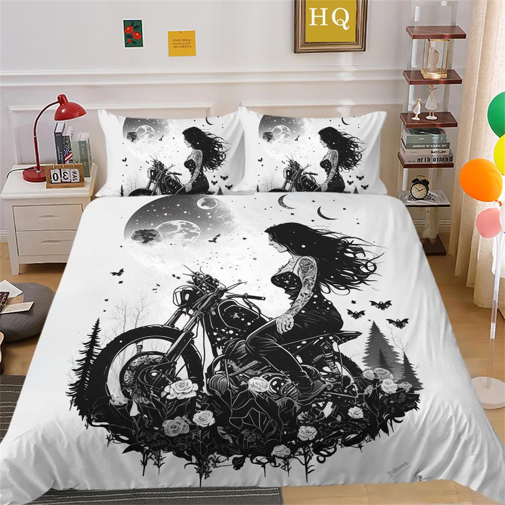 3D Beauty Skull Head Bedding Set Motorcycle Beauty Print Bedroom Decoration Quilt Cover and Pillow Cover 2/3 Pieces White Background Home Decoration