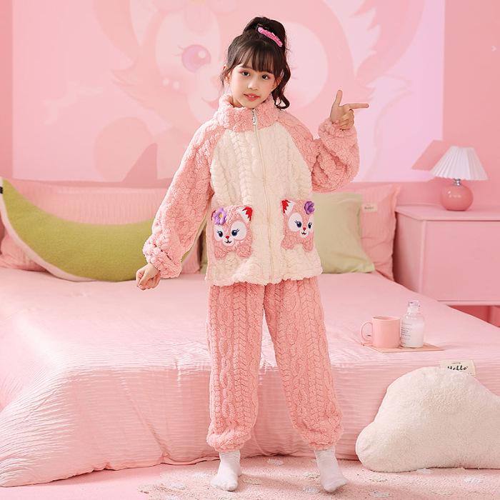 

Пижама из кораллового флиса для девочек осень/зима - милый мультяшный рисунок, на молнии, воротник-стойка, размеры от маленьких до средних 12 (120-130CM)