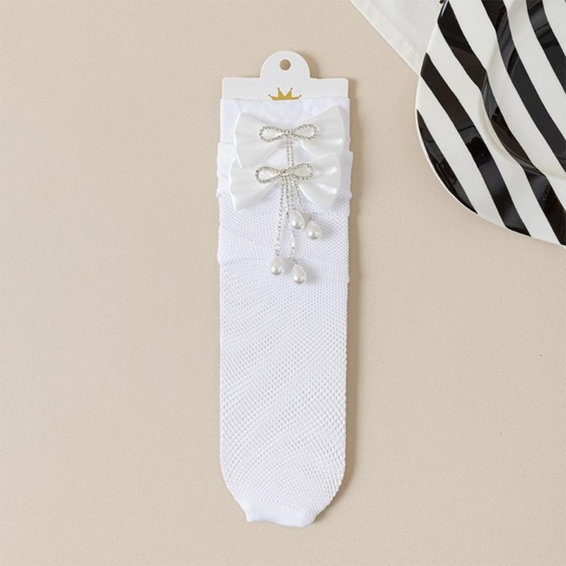 Pack of 1 Pair Girls Breathable Mesh Knee Length Socks Bowknot Accent Socks Stretchy Comfort for 3-10Y Kids