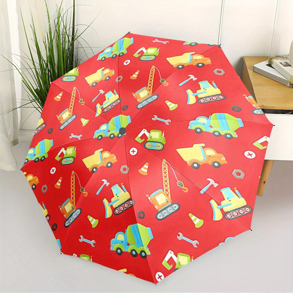 Automatic Open/Close Umbrella with Construction Theme - Heavy-Duty Construction Vehicles (Trucks, Excavators) - Compact Foldin