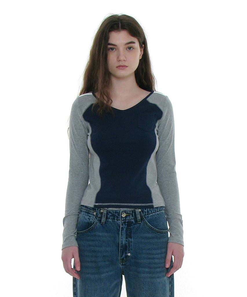 PARTIMENTO WOMEN Cut-Out V-Neck Colorblock Long Sleeve Tee_Navy