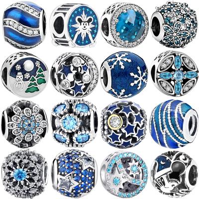 Blue Snow Star European 925 Silver Charms Pendant Glass Bead Fit Original Silver Bracelet Trinket Jewelry for Women Girl Gift