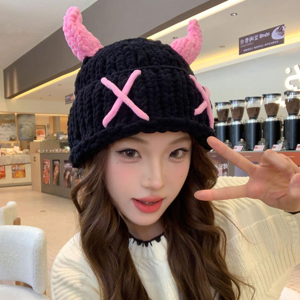 Little Devil Funny Horn Knitted Hat Female Yabifeng Halloween Headhat Autumn and Winter Warm Handmade Wool Hat