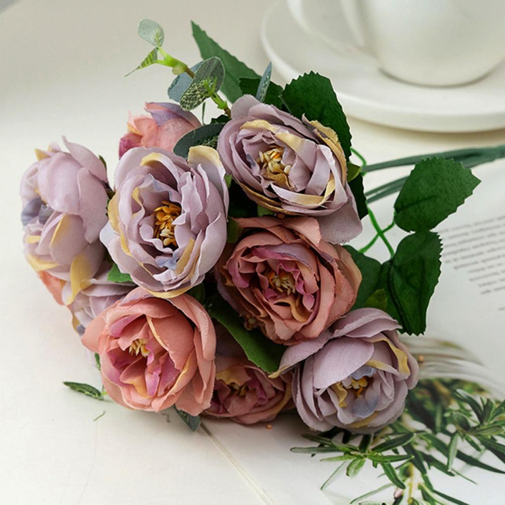 

6 Colors Real Happy Love Rose Flower 10 Heads Crystal Grass Bouquet Home Decorative