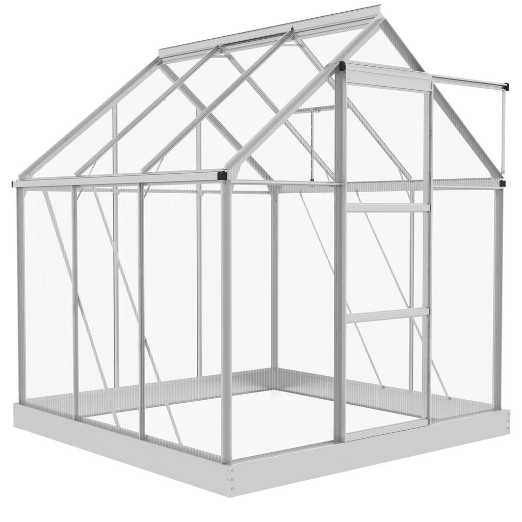 6 X 6ft Walk-In Greenhouse, Polycarbonate Greenhouse with Sliding Door, Window, Aluminium Frame, Foundation, Silver