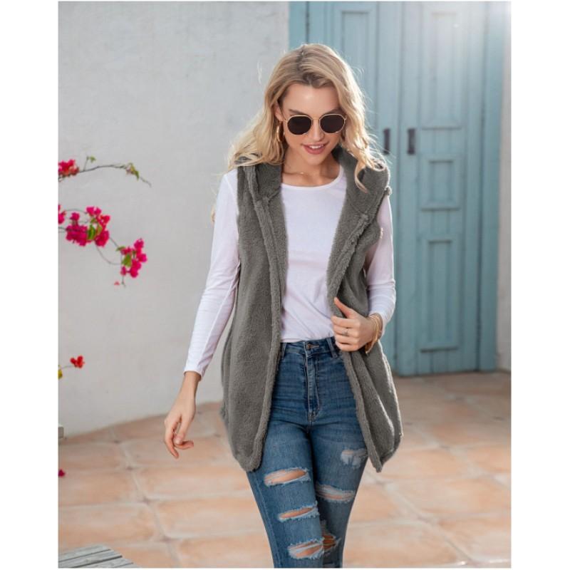 Gilet con cappuccio in peluche tinta unita di media lunghezza da donna per autunno e inverno, giacca casual comoda e ampia per la primavera