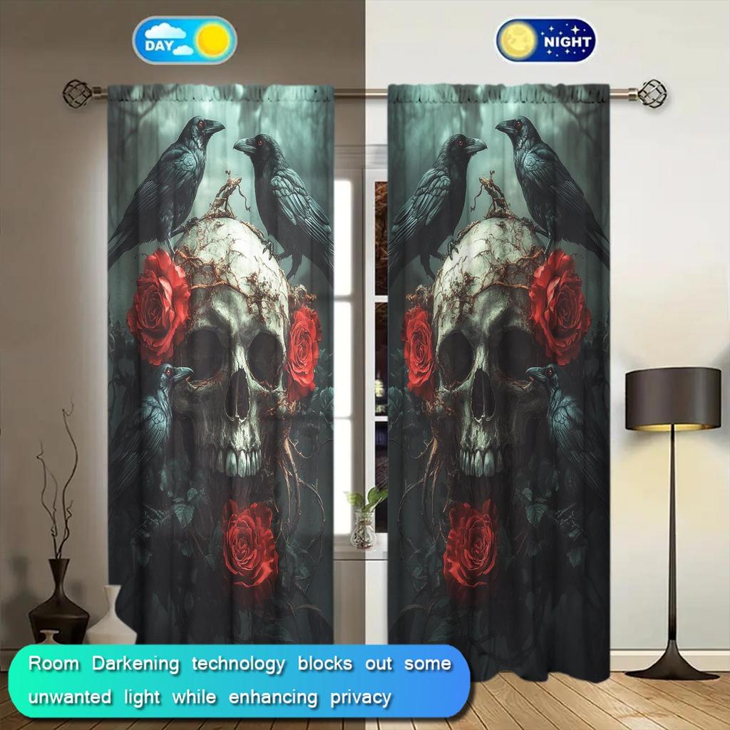 2 Panels Gothic Style Rose Skeleton Pattern Window Curtains   Half Blackout Suitable for Artistic Home Decorative Curtains