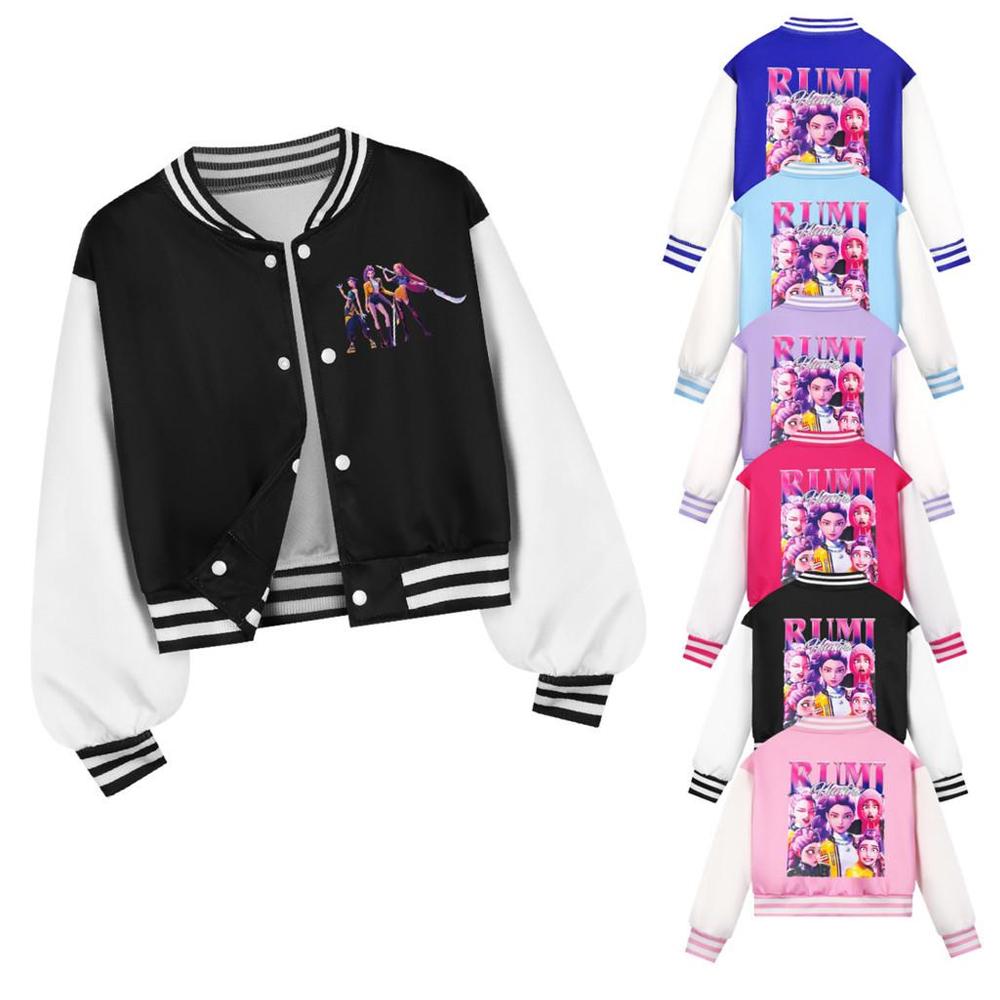 Kids Girls Anime Cartoon Kpop Demon Hunters Rumi Zoey Mira Printed Casual Long Sleeves Baseball Jacket Coat