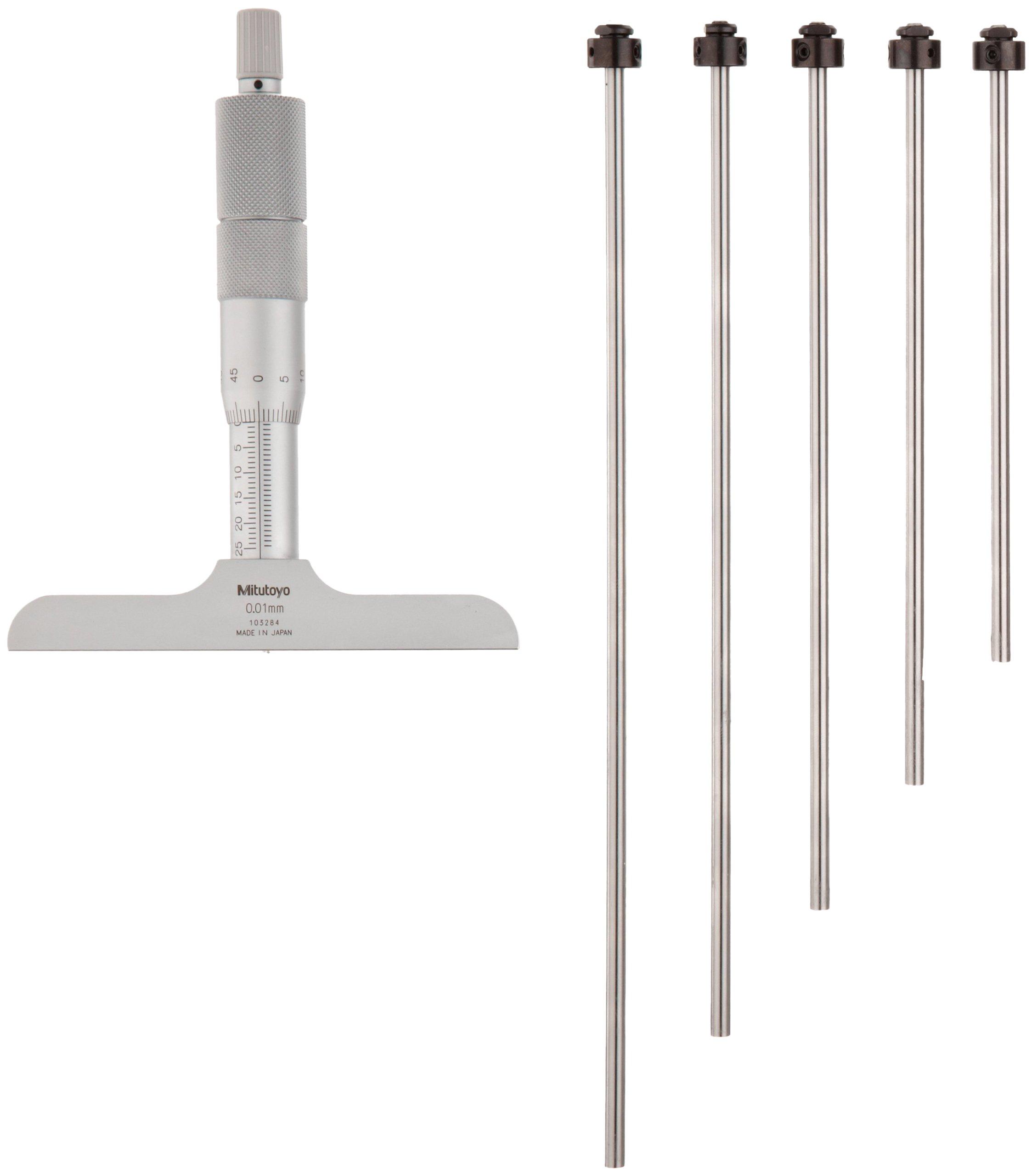 

Mitutoyo 129-116 Vernier Depth Gauge, Interchangeable Rods, Micrometer Type, 0-150mm Range, 0.001mm Graduation, +/-0.0040mm Accuracy, 101.6mm x 16mm B