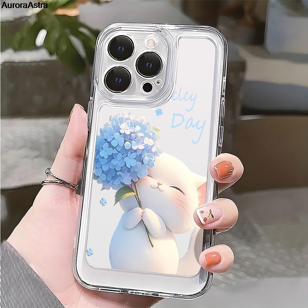 Cute Cat Hydrangea Protective Phone Case For iPhone 17 Air 16 16e 15 13 12 11 Pro Max Pro Plus Soft Anti-Scratch Funda Cover