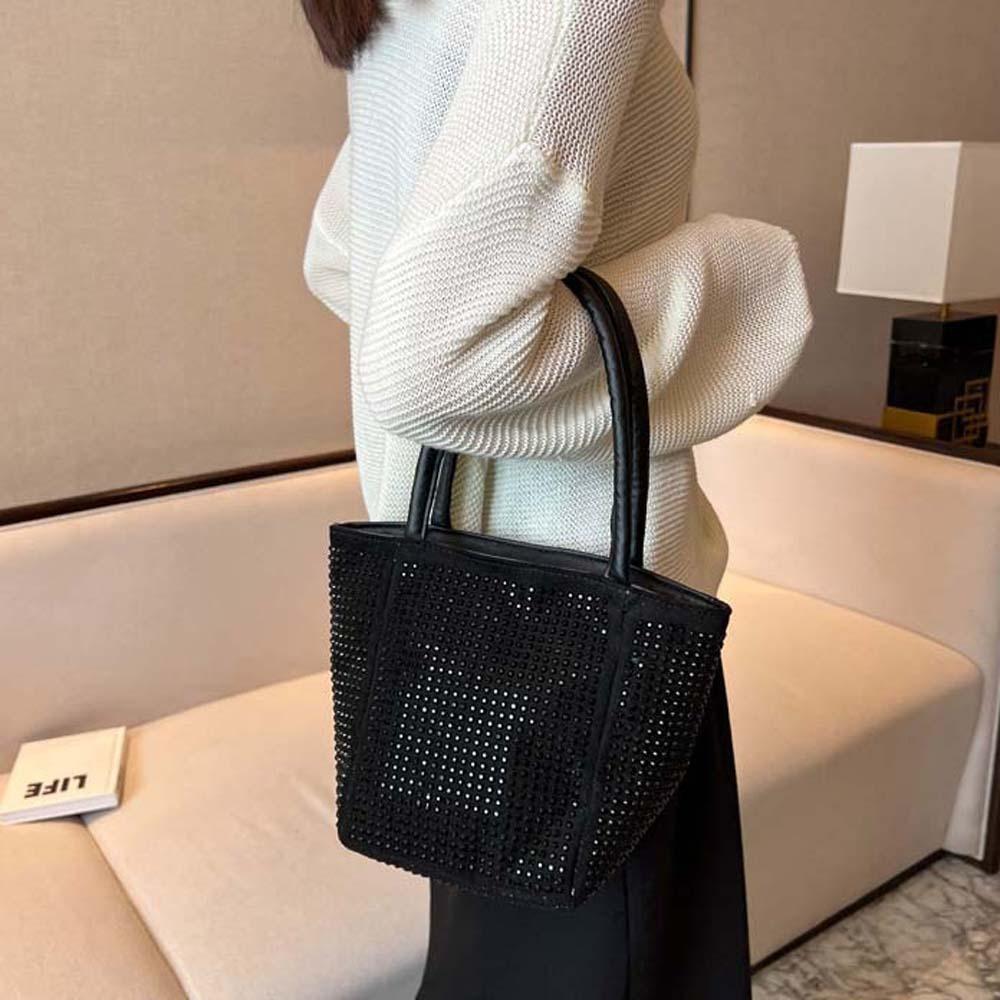 Classical Sparkling Square Bag PU Bucket Handbag Trendy Bright Rhinestone Shoulder Bag Party