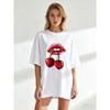 Black Oversized T Shirt With Red Lips And Cherries Print For Casual Wear