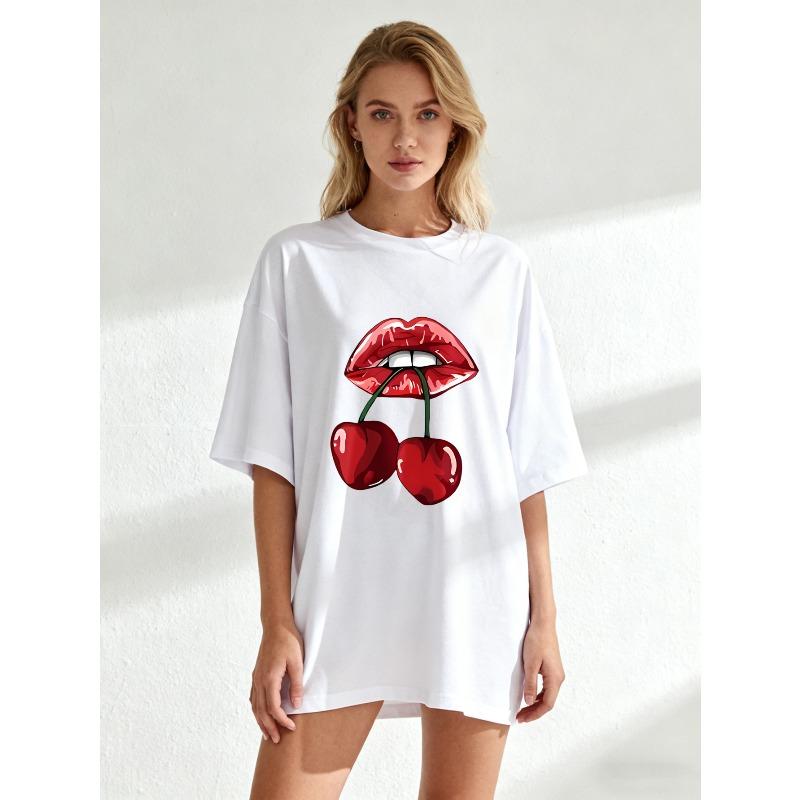 Black Oversized T Shirt With Red Lips And Cherries Print For Casual Wear