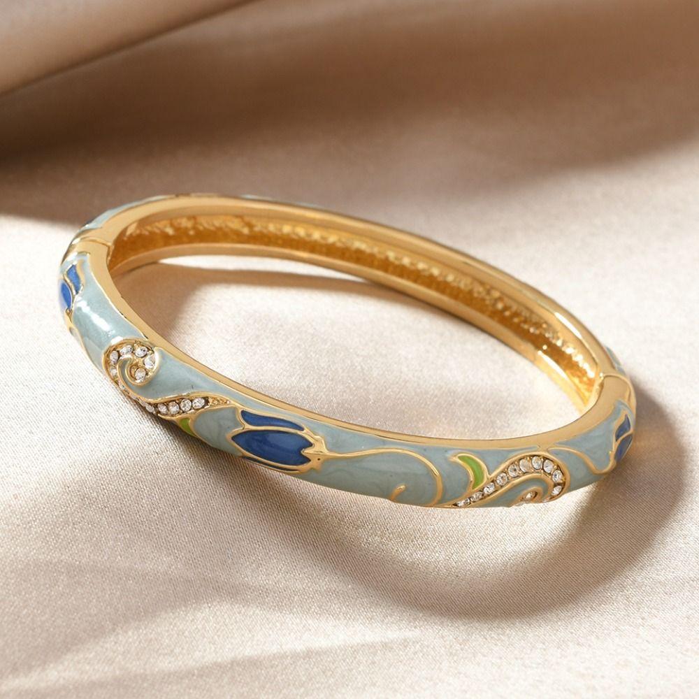 Enamel Vintage Cloisonne Bangle Chinese Style Women's Hand Bracelet Hollow Out Flower Bangle  Woman