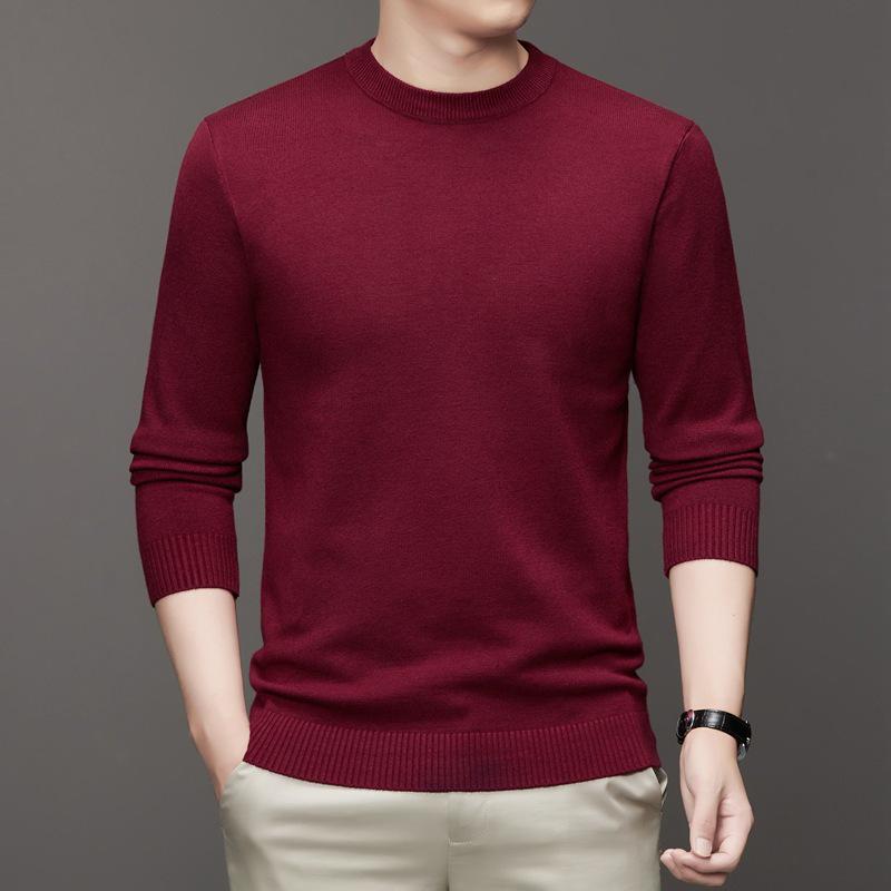 

Men s Winter Slim Fit Anti-Pilling Knit Sweater - Solid Color Round Neck Base Layer 4XL вина червоного кольору