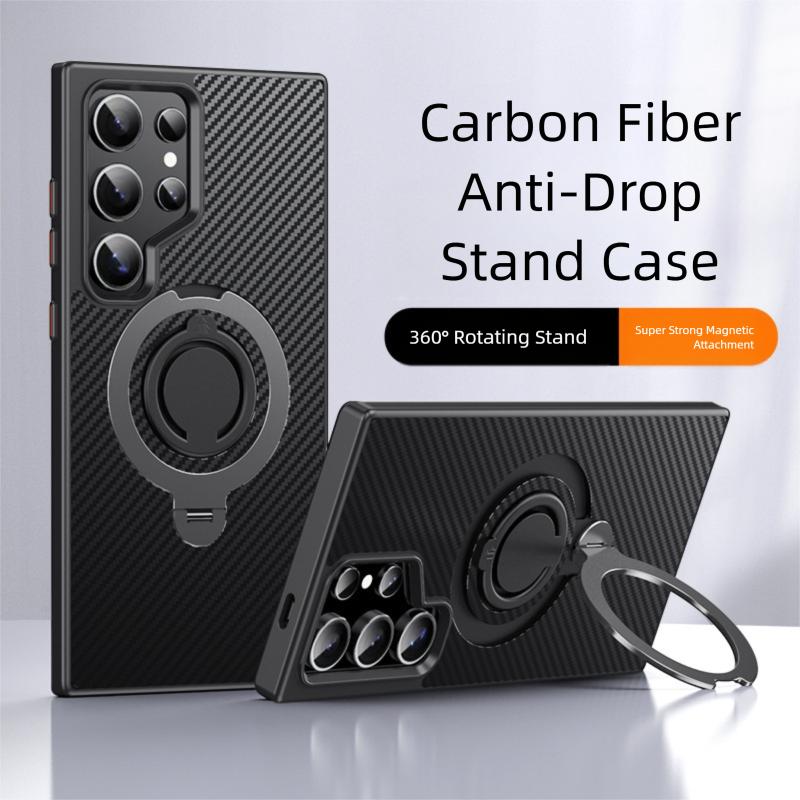 Carbon Fiber Aramid Style Case for Samsung Galaxy S25 Ultra S23 S24 Plus Magnetic Rotating Ring Holder Kickstand Cover LMD002