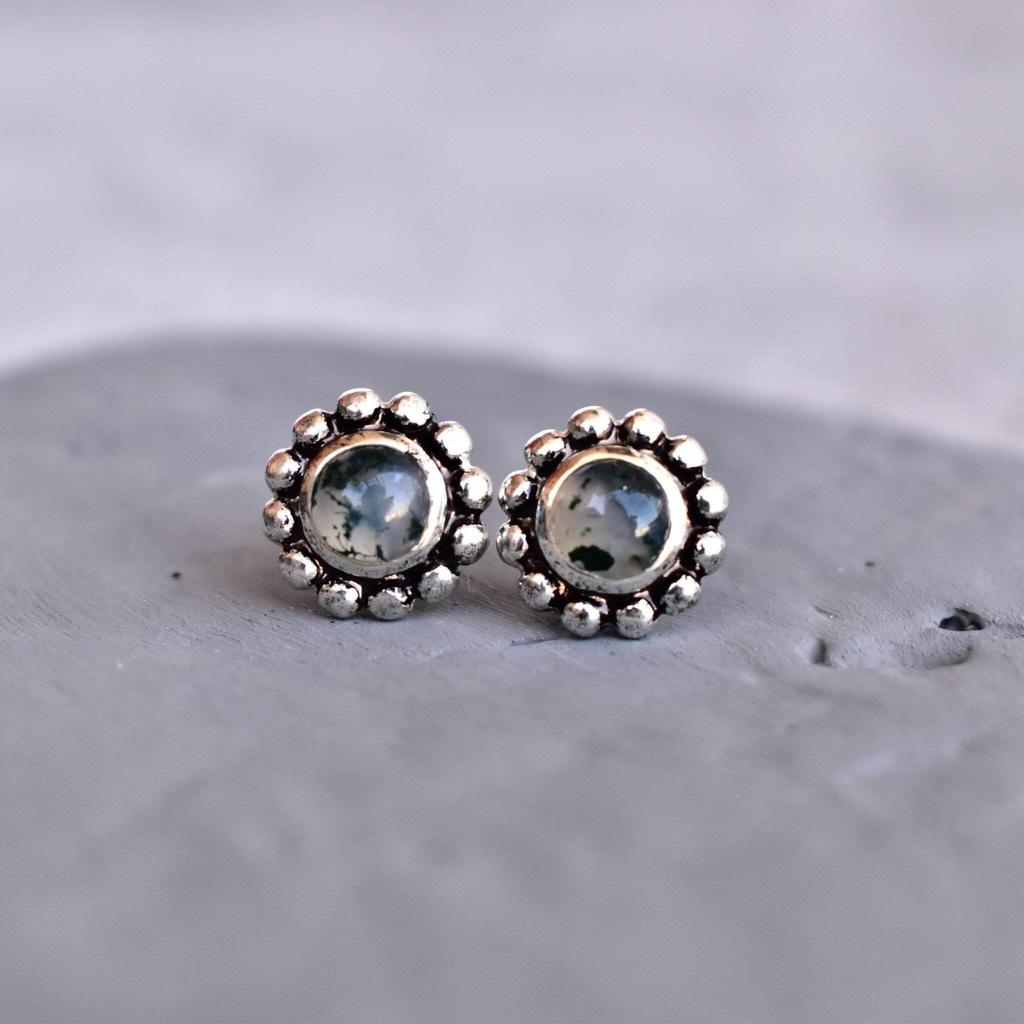 Natural Green Moss Agate Suds Healing Gemstone Studs Moss Agate Earrings for Women Daily Wear Earrings Gift for Mom or Loved Ones