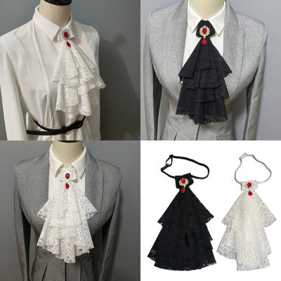 Women Steampunk Colonial Lace Jabot Necktie Victorian Rhinestones Ruffle Neck Collar Detachable Collar Costume Accessory
