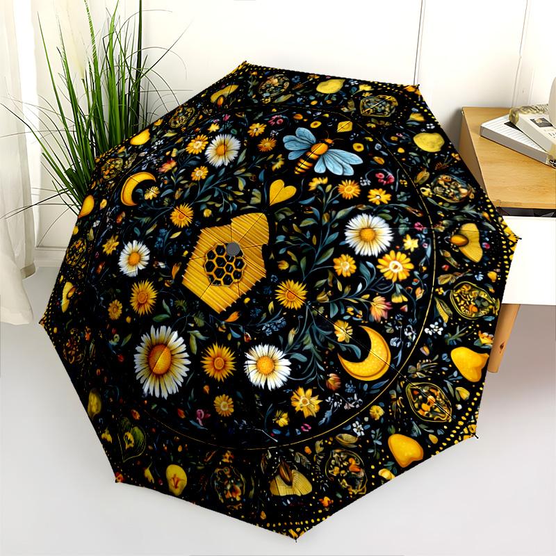 Bee Flower  Pattern, Automatic Folding Umbrella, Portable and Foldable Design, 8 Ribs, a Christmas or Birthday Gift.
