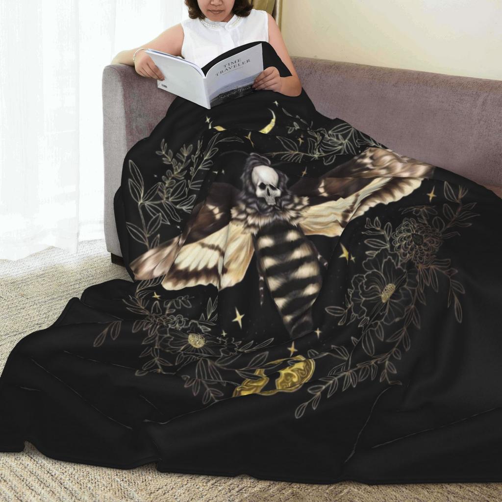 Gothic Skull Moth Print Flannel Throw Blanket Soft Warm All Season for Sofa Bed Camping Travel Ideal Gift