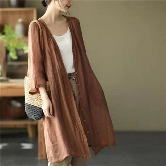 2026 Summer-Autumn Retro Cotton Linen Mid-Length Cardigan: Loose Fit, Artistic Plus Size, Casual Air Conditioning Shirt for Women.