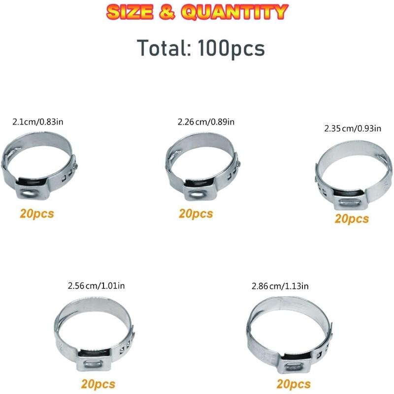 Practical Sturdy Stainless Steel Hose Clamp Set 100Pieces Assorted Size Accessory for Secure Piping Connection