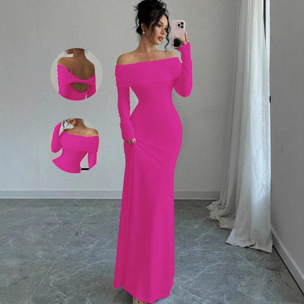 2026 Spring Women's Clothing One-Word Shoulder Shrinking Tight Body Fashion Elegant Hip Wrap Long Evening Dress Dress