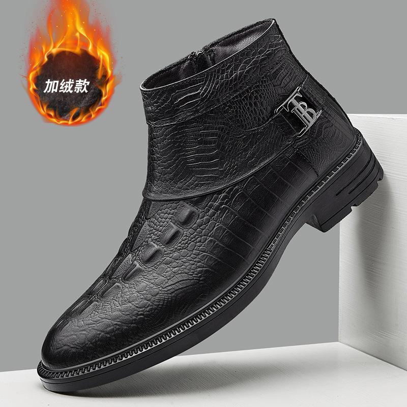 Chelsea boots, men's genuine leather high-top leather shoes, new winter fleece, thickened and warm Martin boots, business leather boots