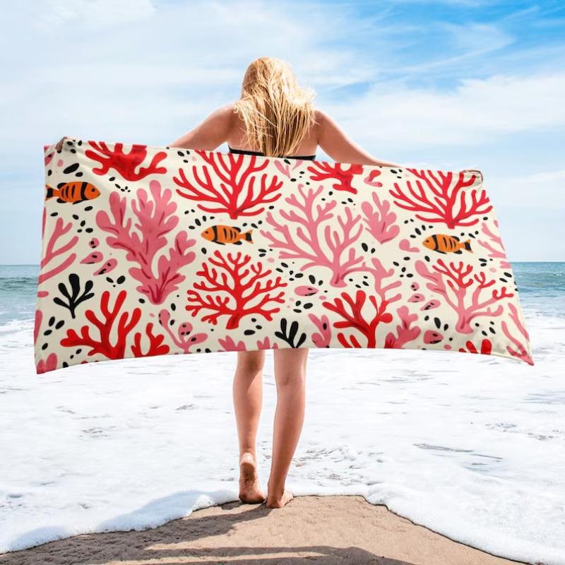 Textilien Women's Coral And Clownfish Print Beach Towel Tropical Ocean Themed Pattern Quick Dry Soft Absorbent Sand Free Towel For Summer