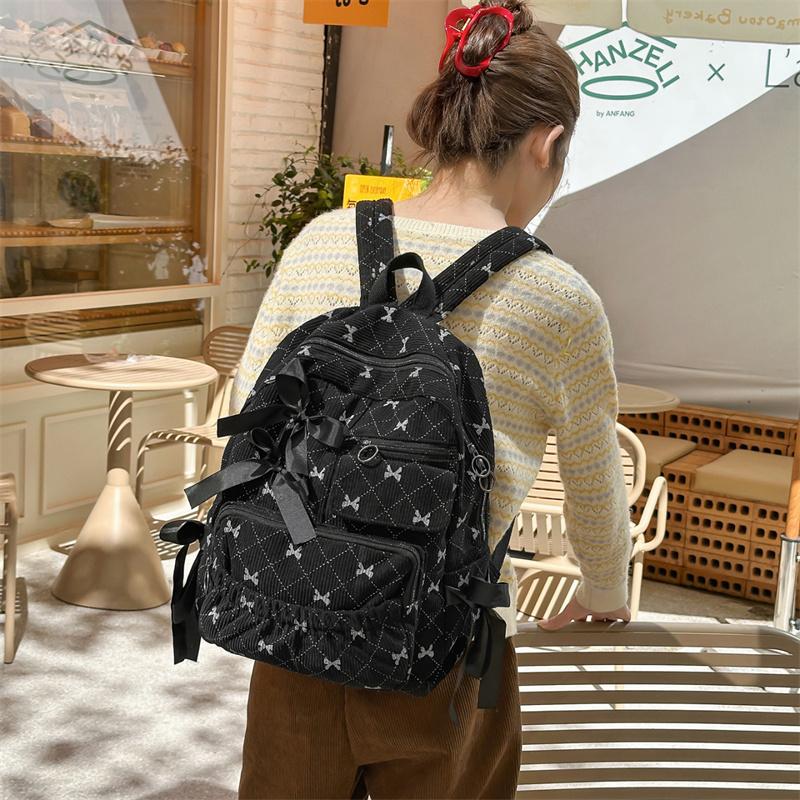 Corduroy Backpack Large Capacity Bow Print Backpack Student Schoolbag