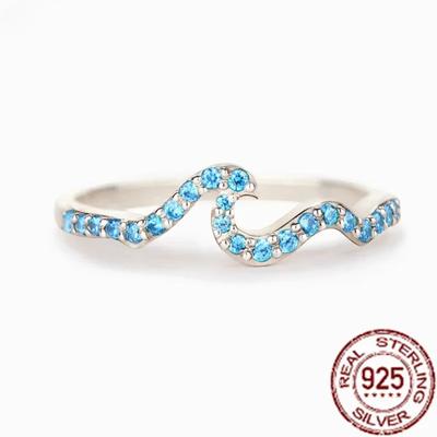 Authentic 925 Sterling Silver Simple Wedding Engagement Ring Geometric Blue Wave Finger Rings For Women Fine Jewelry