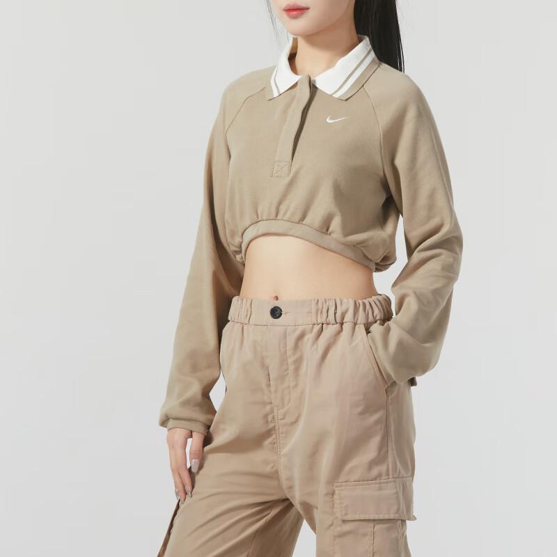 Nike Colorblock Sport Crop Polo Long Sleeve T-Shirt Women Tops Khaki FN1881-247
