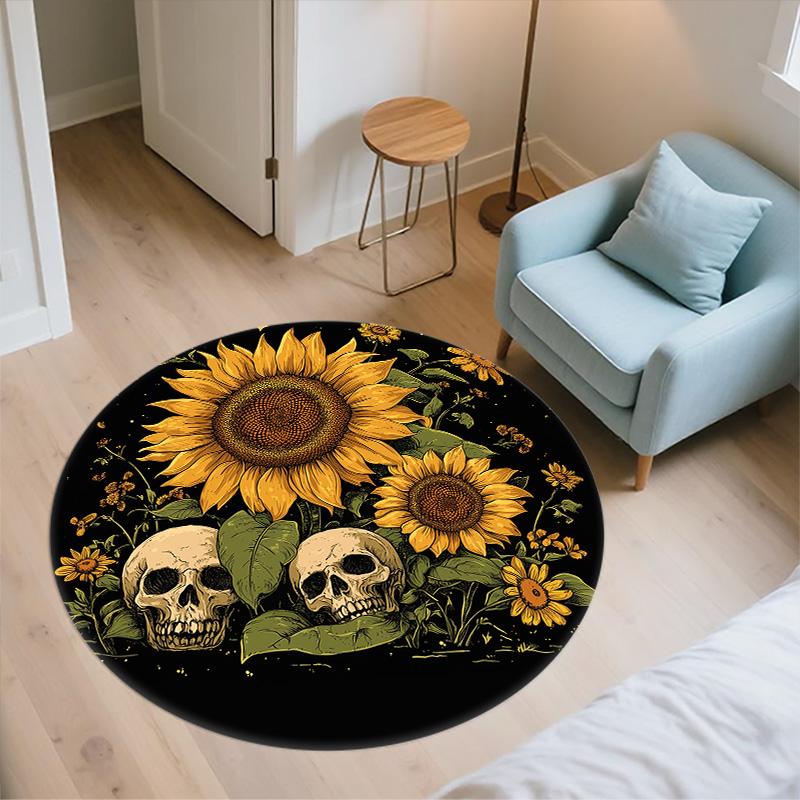 Sunflower and Skull,Round Area Rug,Carpet Rug for Living Room Bedroom Sofa Playroom Decor,Non-slip Floor Mat