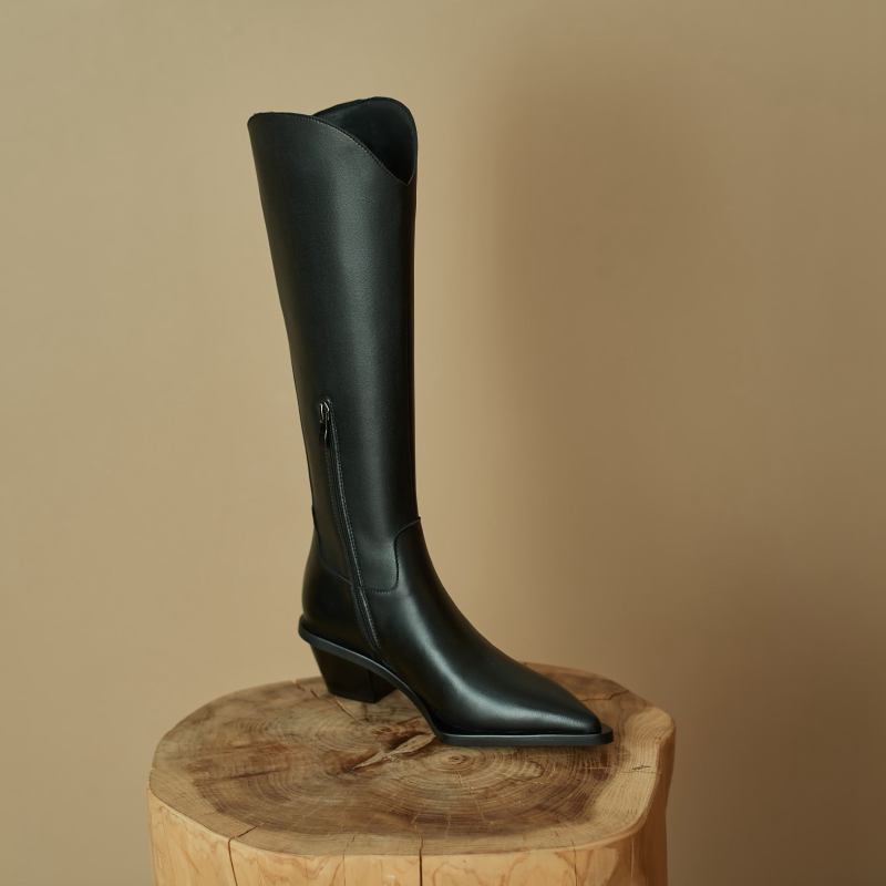 Krazing Pot Cow Skin Autumn Winter Shoes Med Heels Equestrian Boots Pointed Toe European Keep Warm Slip on Knee Boots