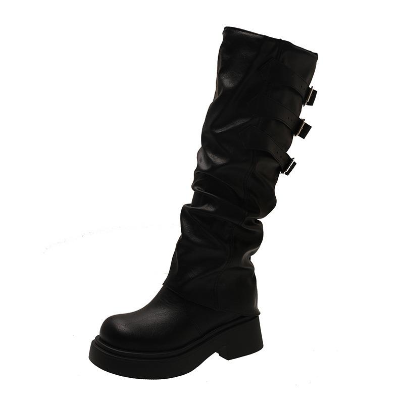 Autumn and Winter New Platform Boots Women's Brown Retro Belt Buckle Pleated Round Head British Knight Boots
