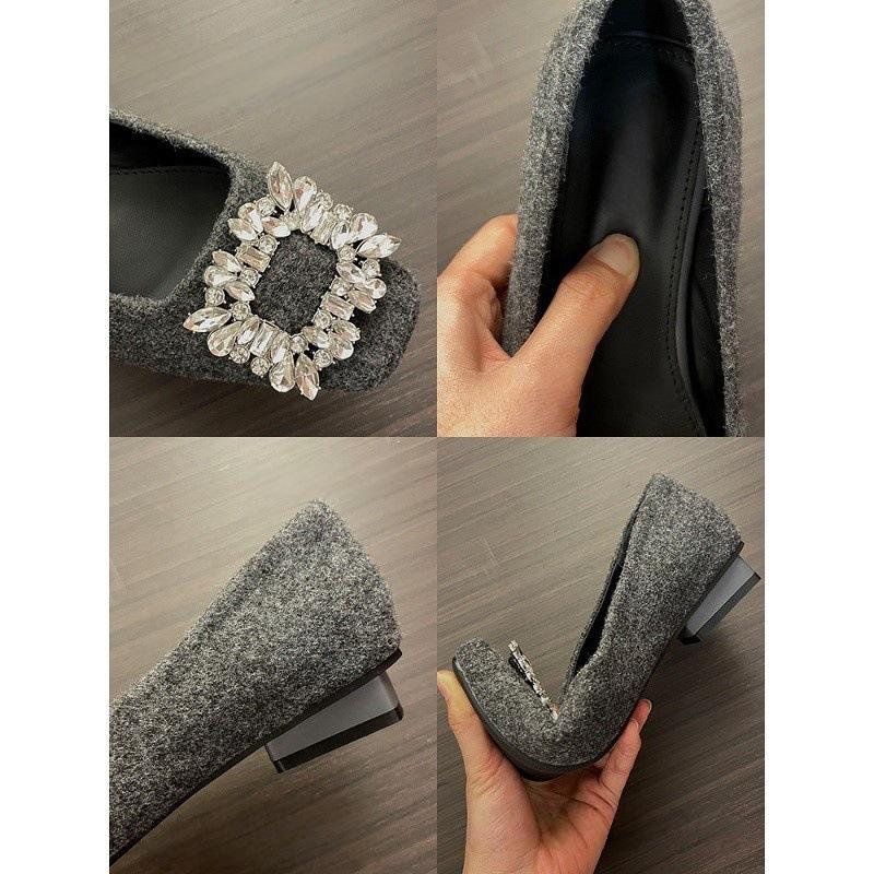 Rhinestone temperament thick heel single shoes women's autumn square head commuting low heel ladyshoes