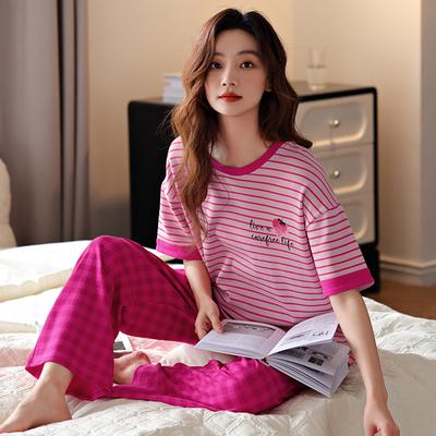 Pajamas Women's 1011 New Summer Cotton Short-sleeved Trousers Summer Women's Striped Casual Loungewear Set